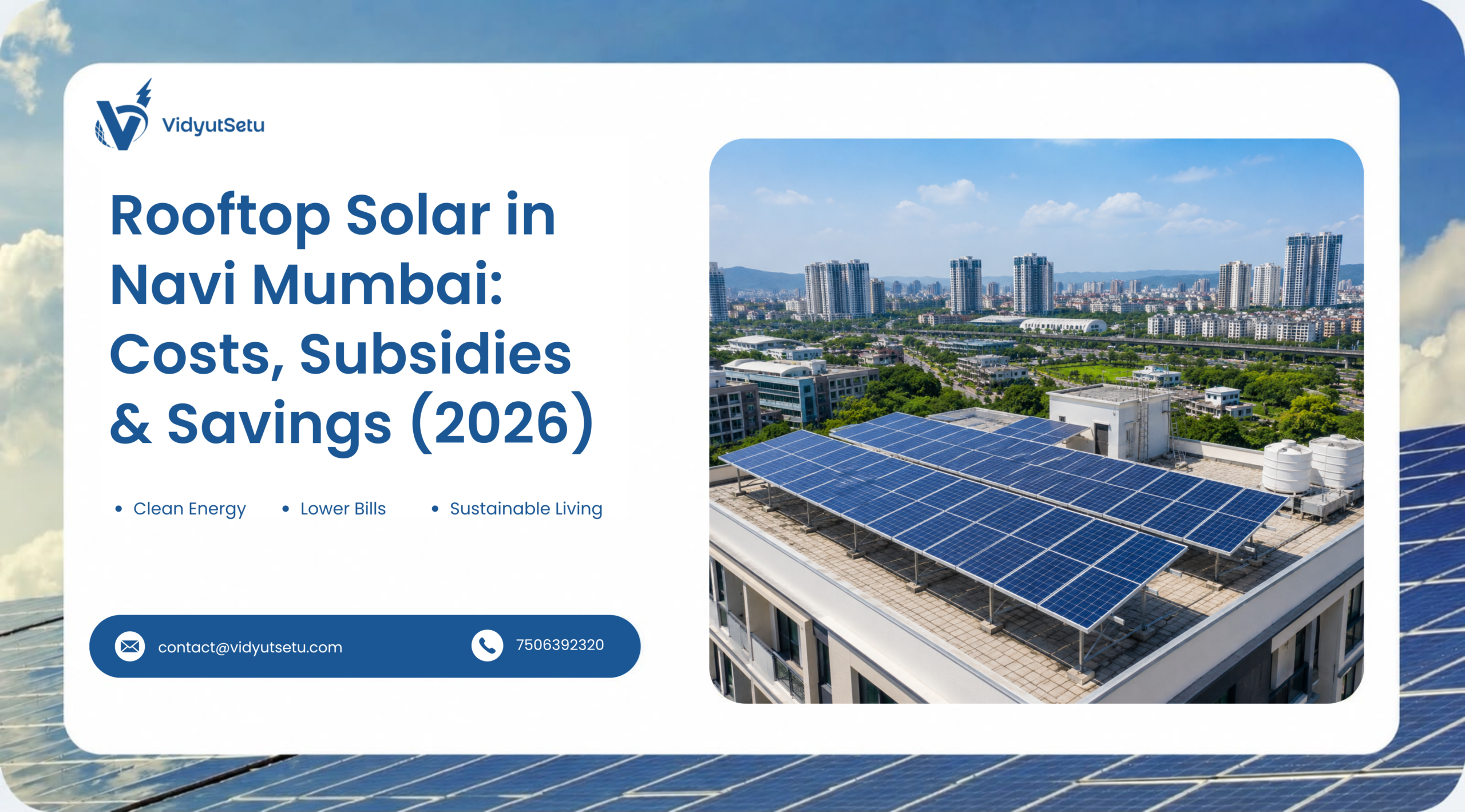 VIDYUTSETU blog banner titled 'Rooftop Solar in Navi Mumbai: Costs, Subsidies & Savings (2026)' featuring a rooftop solar panel installation on a building with a cityscape in the background