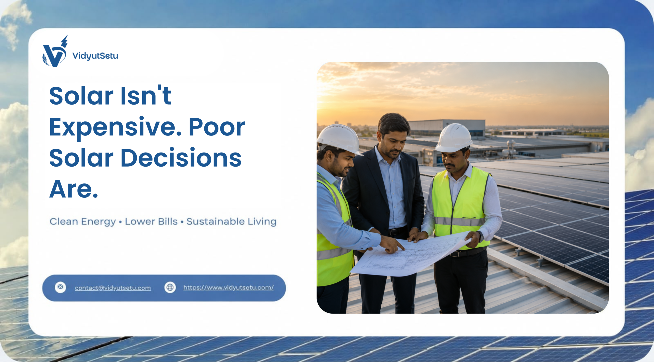 Promotional banner for VidyutSetu featuring the headline “Solar Isn't Expensive. Poor Solar Decisions Are.” On the right, three professionals stand on a rooftop solar installation reviewing construction plans among rows of solar panels. The design emphasizes clean energy, lower electricity bills, and sustainable living, with VidyutSetu branding, contact email, and website displayed at the bottom.